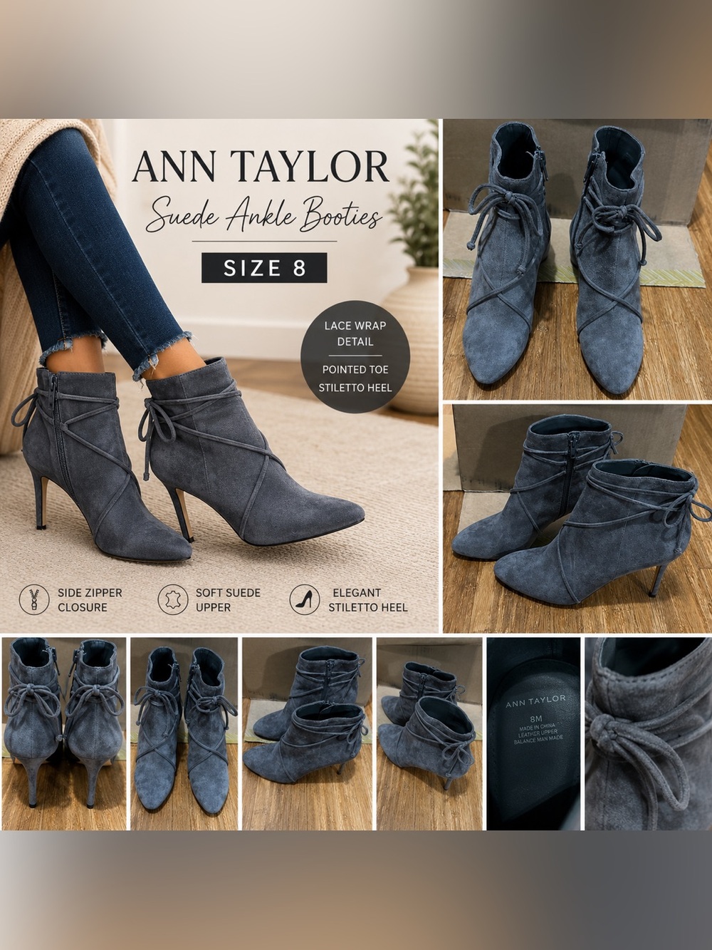 Ann Taylor Gray Suede Lace Wrap Ankle Booties Size 8